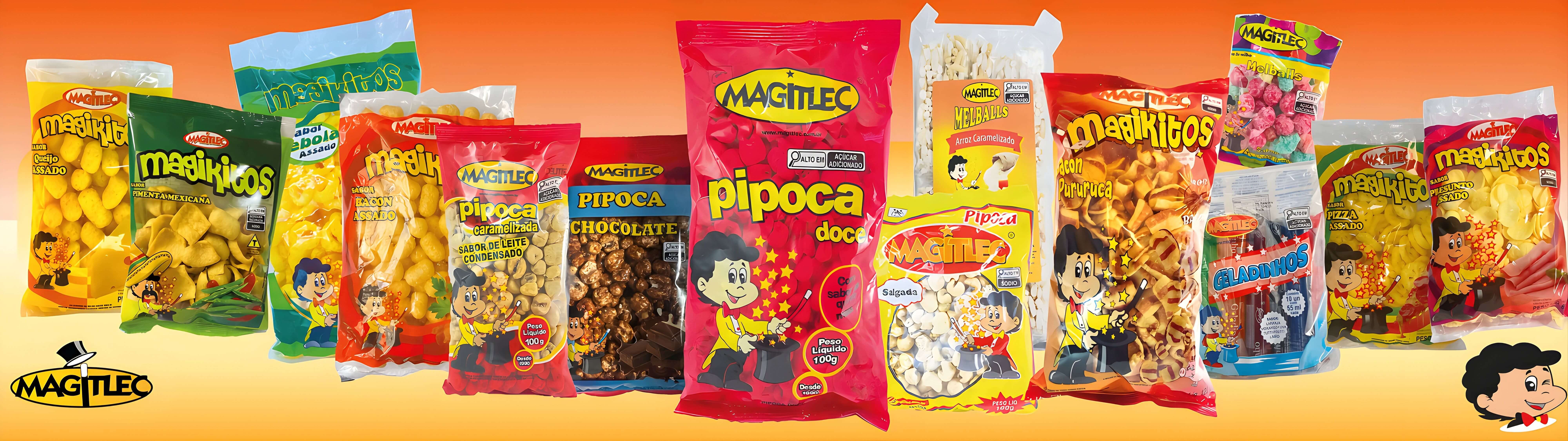 Linha completa de produtos Magitlec: pipocas, salgadinhos Magikitos, biscoitos e doces